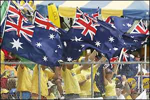 Austrlian fans celebrate at the Kensington Oval