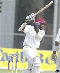 Chris Gayle plays a straight drive during the West Indies' second innings