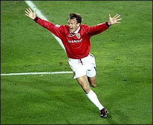 Teddy Sheringham celebrates scoring the dramatic late equaliser in the 1999 Champions League final against Bayern Munich