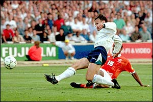Teddy Sheringham scores in the 4-1 win against Holland in Euro 96