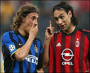Inter's Hernan Crespo shares a joke with AC Milan's Alessandro Nesta at the final whistle