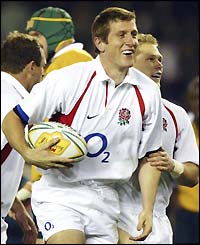Will Greenwood celebrates scoring England's first try on five minutes
