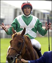 Frankie Dettori is unsure if he has won on Ratio after a close finish with Fayr Jag