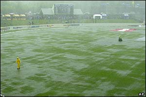 Rain soaks the outfield at Beausejour Cricket Ground in Gros Islet, St. Lucia 