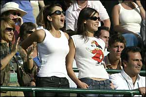 Greg Rusedski's wife Lucy (right) cheers him on at Wimbledon