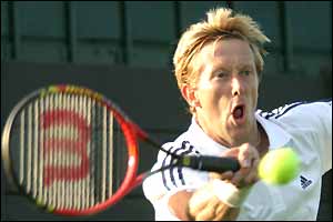 Sweden's Jonas Bjorkman beats Petr Luxa of the Czech Republic 6-3 7-6 6-2 to reach round two