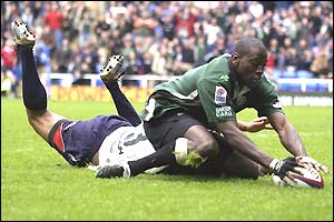 Paul Sackey dives over for London Irish's four try of the match