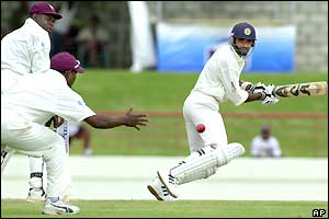 Marvan Atapattu of Sri Lanka watches as he plays a shot through the slips