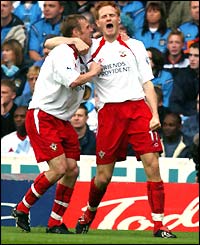 Michael Svensson roars with delight after scoring the winner for Southampton