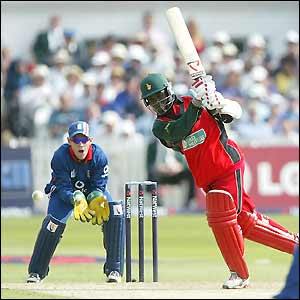 Stuart Matsikenyeri hits out during his innings of 44