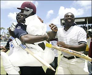 Vasbert Drakes celebrates the Windies win 