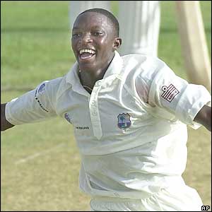Fidel Edwards takes his third wicket removing Sri Lankan top scorer Kumar Sangakkara