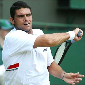 Mark Philippoussis in action on Saturday at Wimbledon