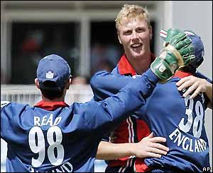 Andy Flintoff is congratulated as he takes another South African wicket