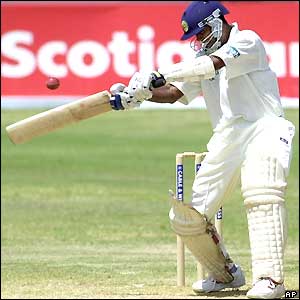 Kumar Dharmasena edges the ball from Corey Collymore and is caught by Brian Lara