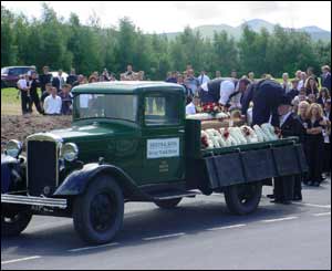 The truck was decorated in wreaths