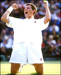 Richard Kraijcek celebrates victory over Pete Sampras
