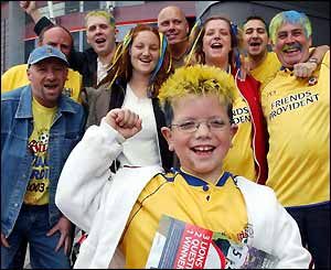 A group of Southampton fans are in good spirits outside the Millennium Stadium