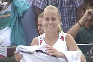 Jelena Dokic is all smiles during her second round win against Switzerland's Emmanuelle Gagliardi 