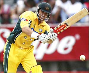 Matthew Hayden watches his shot disappear to the boundary