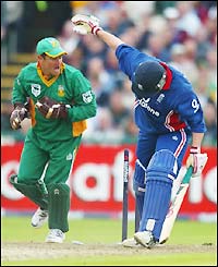 McGrath is stumped by Boje after a monumental 114 partnership with Trescothick