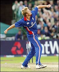 Andrew Flintoff celebrates the wicket of Andrew Hall