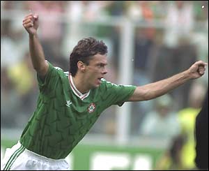 O'Leary wheels away after scoring in Ireland's penalty shoot-out win over Romania