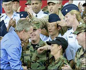 President George W Bush greets US Air Force members at Wright-Patterson Air Force Base in Dayton, Ohio