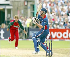 England's Andy Flintoff plays a hook shot