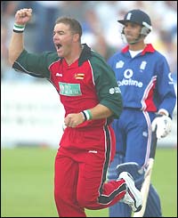 Heath Streak celebrates dismissing England opener Marcus Trescothick