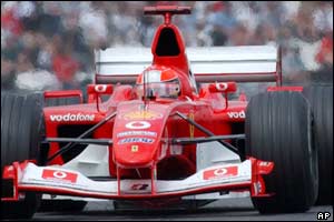 Michael Schumacher goes from fifth to third late on in the French GP 