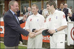 Anthony McGrath and James Anderson are presented with England caps from ECB chairman of selectors David Graveney