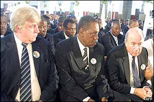 Fifa's chief Sepp Blatter (right) and President of the African Football Confederation Issa Hayatou (centre) during the church service