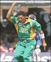 South Africa's Makhaya Ntini celebrates his dismissal of England's Marcus Trescothick 