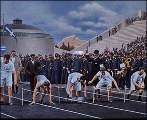 Athletes in the 100 metres final await the firing of the starters gun at the 1896 Olympic Games held in Athens, Greece