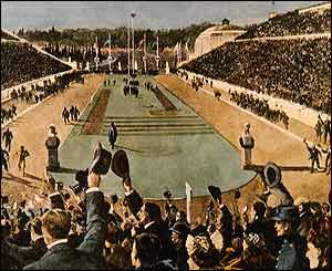 A painting shows Spiridon Louis of Greece winning the first Olympic marathon in 1896