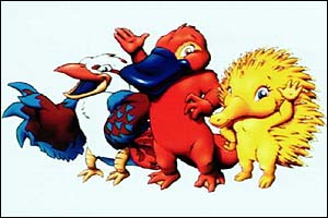 Bird Ollie, platypus Syd and hedgehog from Sydney 2000