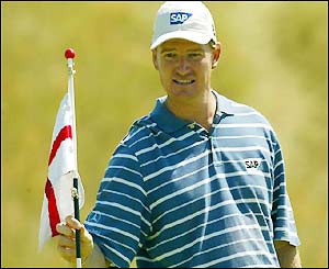 South Africa's Ernie Els practises at Sandwich