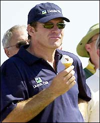 England's Nick Faldo relaxes during practice