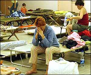 Campers shelter in a sports hall at Biscarosse