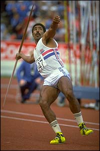 Daley Thompson looks to the skies in the decathlon's javelin event