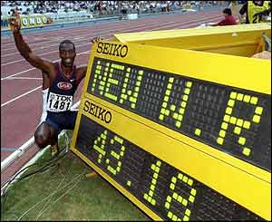American Michael Johnson celebrates his new world record 