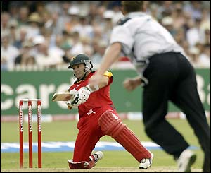 Leicestershire's Brad Hodge hits a four off Warwickshire bowler Dougie Brown