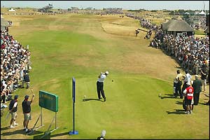 Ernie Els plays a tee shot on the first hole