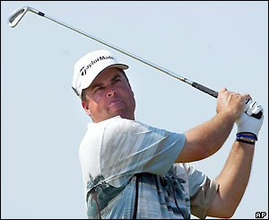 Kenny Perry tees off at the third hole during his third round at Sandwich