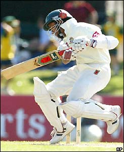 Khaled Mahmud is hit on the head by a delivery from Gillespie