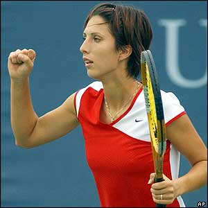 Anastasia Myskina clenches her fist after beating Mary Pierce