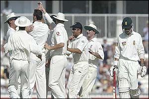 England's Martin Bicknell captures the wicket of Jacques Rudolph