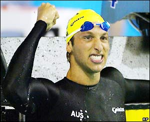 Ian Thorpe celebrates his 400m freestyle win