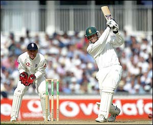 South Africa's Shaun Pollock plays a cover drive